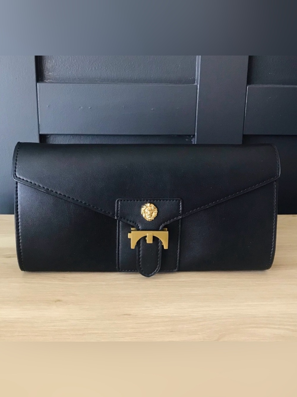Anne Klein Christy Gold Lion Medallion Envelope Clutch Crossbody Purse